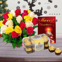 Christmas Flowers - Mix Roses Bouquet with Ferrero Rocher Chocolate Box and Christmas Card