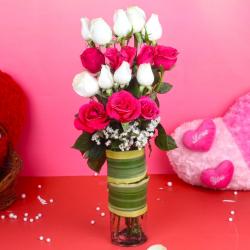 Valentine Flowers - Eighteen Pink and White Roses Arrangement