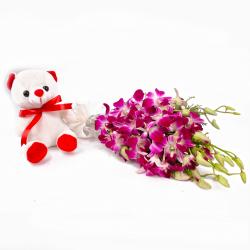 Birthday Soft Toys - Adoreable Teddy Bear with Purple Orchids Bunch