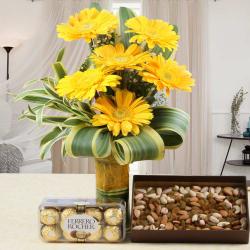 Anniversary Gifts for Friend - Dry Fruits and Ferrero Rocher Chocolates with Gerberas Bouquet