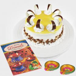 Diwali Express Gifts Delivery - Butterscotch Cake with 2 Earthen Diyas and Diwali Card