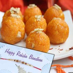 Rakhi With Sweets - Motichur Ladoo with Rakhi