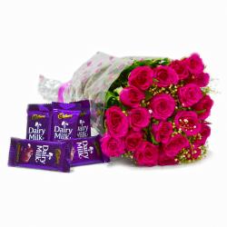 Flower Hampers for Her - Bouquet of 20 Pink Roses with Five Cadbury Dairy Milk Chocolate