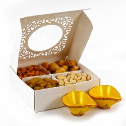 Diwali Dry Fruits - Assorted Dryfruit with Two Earthen Diyas