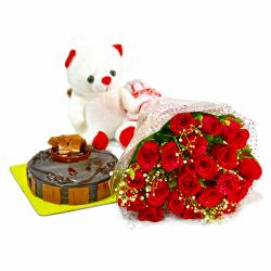 Birthday Soft Toys - Bouquet of 20 Red Roses with Cute Teddy and Chocolate Cake