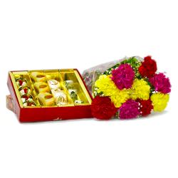 Send Assorted Sweets with Bouquet of 10 Mix Color Carnations To Tumkur