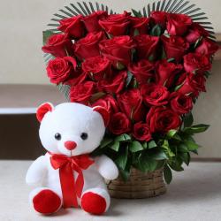 Anniversary Trending Gifts - Heart Shape Arrangement of Roses with Teddy