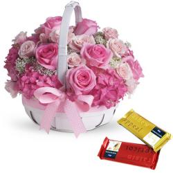 Retirement Gifts for Her - Pink roses basket and chocolates