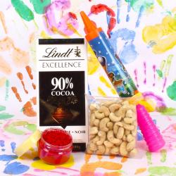 Holi Pichkaris and Water Guns - Holi Pichkari Hamper with Lindt Dark Cacao Chocolate and Cashew Nut