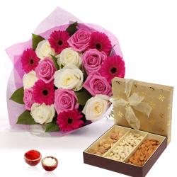 Bhai Dooj Tikka - Bhai Dooj Gift for Roses and Gerberas Bouquet with Dry Fruits Box