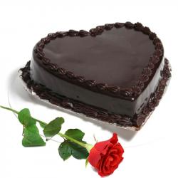 Send Cakes Gift Heart Shape Chocolate Truffle Cake with Single Red Rose To Rajsamand