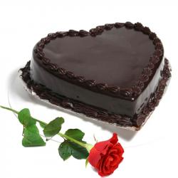 Send Cakes Gift Heart Shape Chocolate Truffle Cake with Single Red Rose To Kottayam