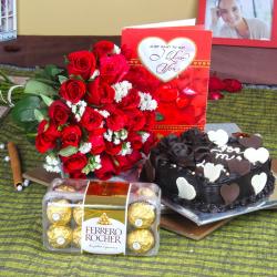 Valentine Flowers with Greeting Cards - I Love You Valentine Combo with Heartshape Cake