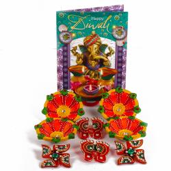 Diwali Crafts - Earthen Diyas with Shubh Swastika and Shubh Pagla with Diwali Wishes Greeting Card