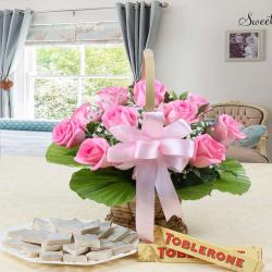 Birthday Gifts for New Born - Pink Roses Arrangement with Kaju Katli and Toblerone Chocolates