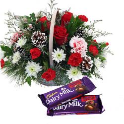 Thanksgiving Day - Mix Flowers Arranged In Basket With Fruit n Nut Chocolate