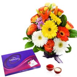 Bhai Dooj Tikka - Mix Flowers Bouquet with Celebration Chocolate Pack for Bhai Dooj