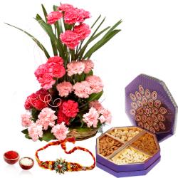 Rakhi With Flowers - Rakhi Gift of Dry fruits and Carnations
