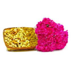 Send Flowers Gift Bouquet of 15 Pink carnations with Dry Fruits in a Basket To Noida