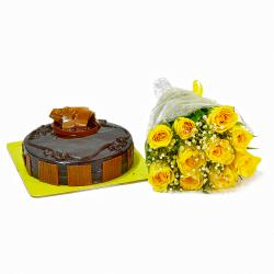 Flowers with Cake - Divine 10 Yellow Roses with Chocolate Cake