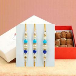 Kundan Rakhis - Three Designer Rakhi with 500 Gms Besan Ladoo