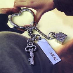 Valentine Love Keychains - 3 in 1 Heart Holder Keychain Set of Cute House and Key with Hers Label Tag