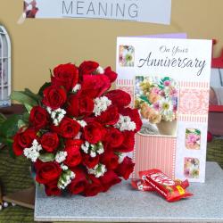 Send Red Roses Bouquet and Anniversary Greeting Card with Kit Kat Chocolate To Ropar