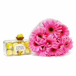 Birthday Fresh Flower Hampers - Bouquet of 10 Pink Gerberas with 200 Gms Fererro Rocher Chocolate Box