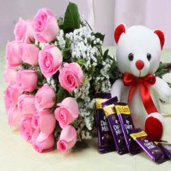 Womens Day Express Gifts Delivery - Cadbury Dairy Milk Chocolate with Pink Roses Bouquet and Cute Teddy Bear