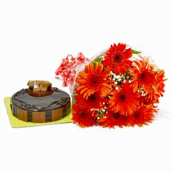 Flowers and Cake for Her - Ten Red Gerberas Bouquet and Chocolate Cake