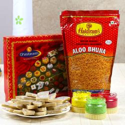 Holi Sweets and Gujiyas - Kaju Sweets and Haldiram Aloo Bhujia with Three Holi Colors