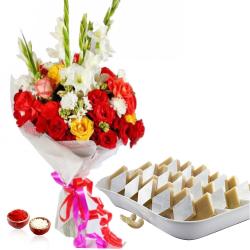 Bhai Dooj Gifts to Visakhapatnam - Lovely Roses and Glads Bouquet with Kaju Katli Sweets for Bhai Dooj