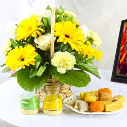 Flowers with Sweets - Mix Yellow Flowers with Assorted Sweets and Holi Colors