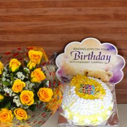 Birthday Greeting Cards - Birthday Pineapple Cake with Greeting Card and Yellow Roses Bouquet