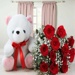 Toys - Beautiful Cute Teddy Bear and Red Roses Bouquet