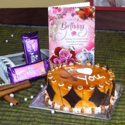 Same Day Cakes Delivery - Eggless Butterscotch Cake and Chocolates with Birthday Greeting Card