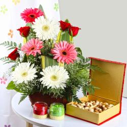 Holi Gifts - Healthy Holi Hamper of Flowers Basket and Assorted Dryfruit with Colors