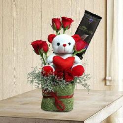 Good Luck Gifts for Friends - Vase of Teddy with Red Roses and Bournville Chocolate