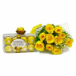 Chocolate with Flowers - Hand Tied Bunch of Yellow Roses with Ferrero Rocher Imported Chocolate Box