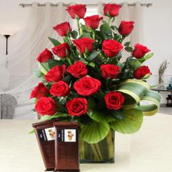 Anniversary Gifts for Husband - Lovely Red Roses in a Vase and Temptations Chocolates