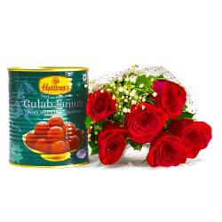 Send Romantic Six Red Roses with Mouthwatering Gulab Jamuns To Tanuku