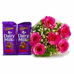 Chocolate with Flowers - 6 Pink Roses of Bouquet with Two Bars of Cadbury Fruit and Nut Chocolate