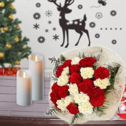 Christmas Flowers - Mix Carnation Bouquet and Long Candles Combo