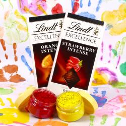 Holi Colors and Sprays - Two Lindt Excellence Chocolate Bars with Two Holi Herbal Color