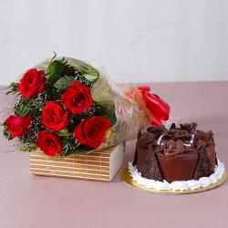 New Year Midnight Special Gifts - Six Red Roses Bunch with Half Kg Chocolate Truffle Cake