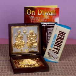 Diwali Chocolates - Gold Plated Laxmi Ganesha Photo Box with Hersheys Chocolates