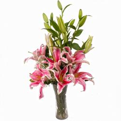 Send Glass Vase of Five Pink Color Lilies To Kodaikanal