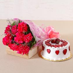 Send Lovely 10 Pink Carnations with Fresh Cream Strawberry Cake To Mumbai