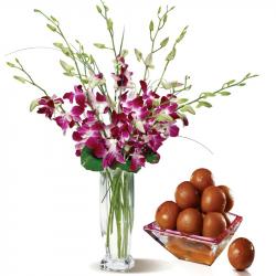 Valentine Flowers with Sweets - Say Love You With Gift Combo of Orchids Vase With Gulab Jamun