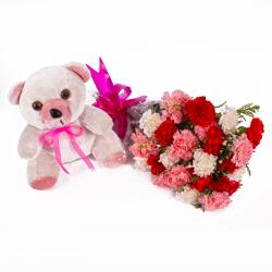 Birthday Soft Toys - Cute Teddy Bear with Assorted Carnations Bouquet